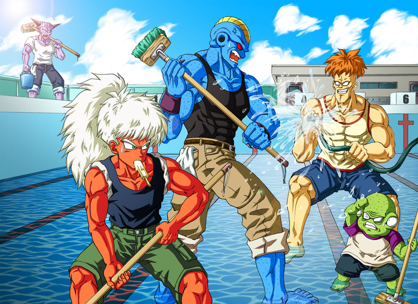 anger_vein angry bad_id bad_pixiv_id barefoot belt broom bucket burter captain_ginyu cloud collarbone day denim denim_shorts door dragon_ball dragon_ball_z empty_pool food food_in_mouth ginyu_force green_eyes green_skin guldo horns hose jeans jeice long_hair male_focus multiple_boys muscle open_mouth outdoors pants pectorals pool popsicle purple_skin recoome red_eyes red_hair red_skin shinomiya_akino shorts tank_top teeth towel water white_hair window wristband