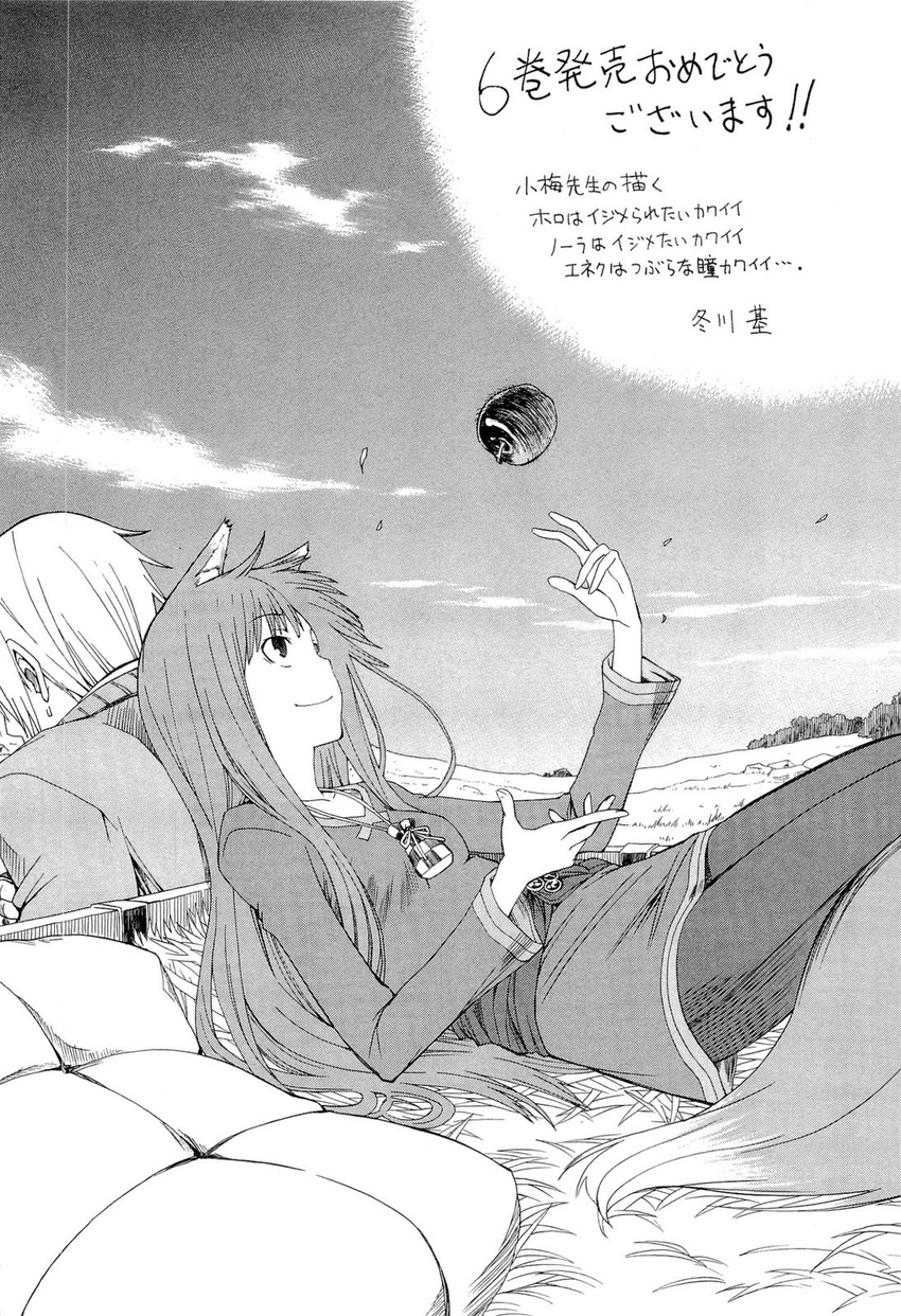1girl animal_ears apple cloud craft_lawrence food fruit fuyukawa_motoi greyscale head_rest highres holo jewelry long_hair lying monochrome necklace scan sky smile spice_and_wolf tail wolf_ears wolf_tail