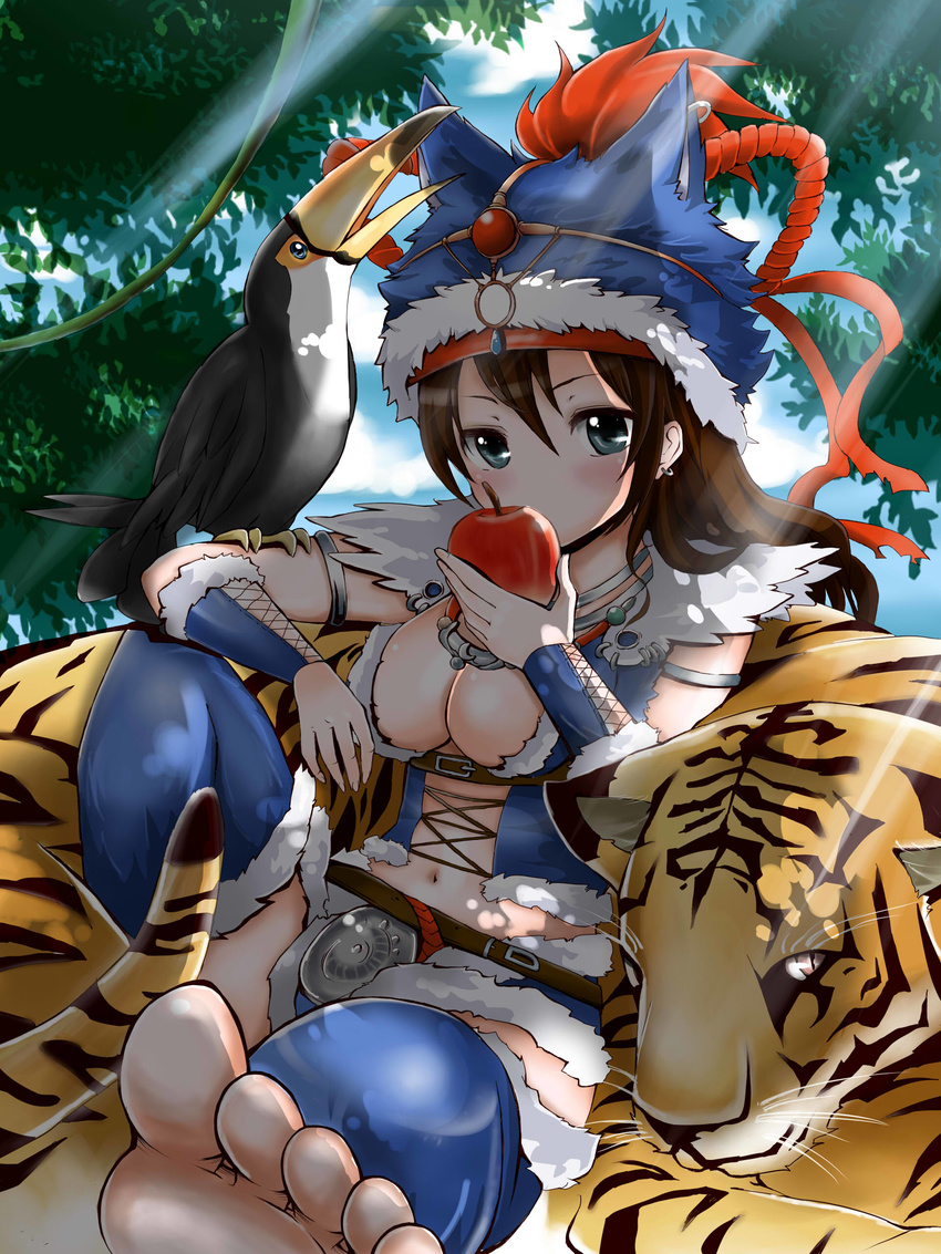 absurdres amami_reiko apple aqua_eyes armlet barefoot bird blush brown_hair cat coriander earrings eating feet food foreshortening fruit fur fur_collar green_eyes hat highres hua_man jewelry long_hair midriff navel necklace sangokushi_taisen short_hair sleeping soles solo tiger toeless_legwear toes toucan wrist_wrap