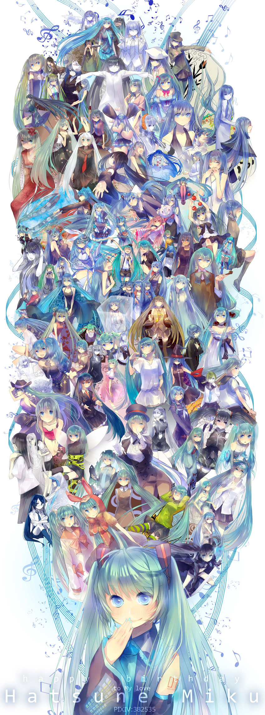 1girl absurdres ai_kotoba_(vocaloid) annotation_request aqua_eyes aqua_hair aria_(vocaloid) black_hair black_rock_shooter blue_eyes blue_hair detached_sleeves green_eyes green_hair happy_birthday hat hatsune_miku hatsune_miku_(roshin_yuukai/nitamagomix) hatsune_miku_no_shoushitsu_(vocaloid) hello_planet_(vocaloid) highres himitsu_keisatsu_(vocaloid) kasoku_sekai_-_accel_world_(vocaloid) kasou_kyoku_(vocaloid) kimi_ijou_boku_miman_(vocaloid) koi_wa_sensou_(vocaloid) kusari_no_shoujo_(vocaloid) long_hair lots_of_laugh_(vocaloid) lynne_(vocaloid) marionette_(vocaloid) matryoshka_(vocaloid) melt_(vocaloid) miracle_paint_(vocaloid) mizubako_(vocaloid) monochro_blue_sky_(vocaloid) mrs.pumpkin_no_kokkei_na_yume_(vocaloid) musunde_hiraite_rasetsu_to_mukuro_(vocaloid) necktie nicohi nisoku_hokou_(vocaloid) panda_no_kodomo_(vocaloid) poppippoo_(vocaloid) rolling_girl_(vocaloid) romeo_to_cinderella_(vocaloid) roshin_yuukai_(vocaloid) saihate_(vocaloid) school_uniform serafuku shinkai_shoujo_(vocaloid) shiroi_yuki_no_princess_wa_(vocaloid) skirt solo songover sora_no_sakana_(vocaloid) spica_(vocaloid) strobe_last_(vocaloid) thighhighs torinoko_city_(vocaloid) tsumi_to_batsu_(vocaloid) twintails very_long_hair vocaloid witch_hat world_is_mine_(vocaloid) yami-iro_alice_(vocaloid) youthful_days'_graffiti_(vocaloid)