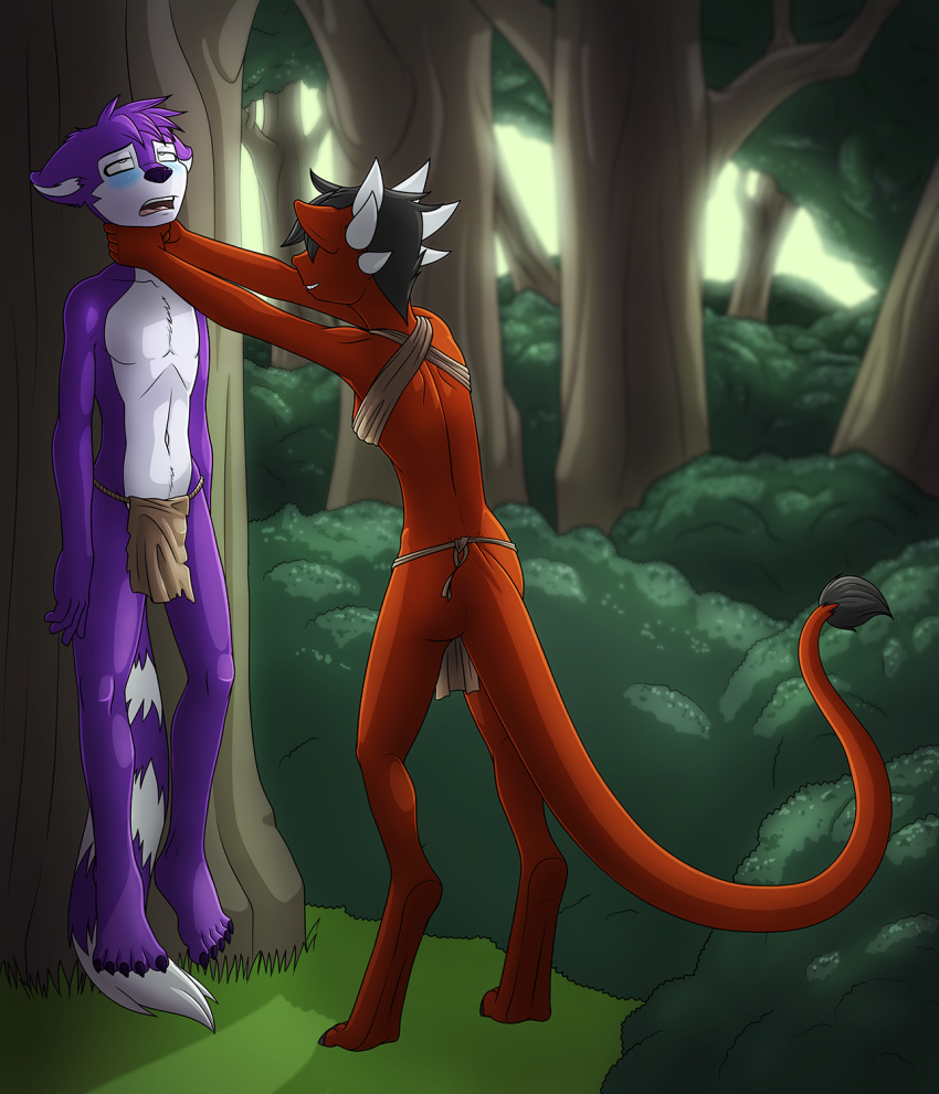 2019 anthro asphyxiation black_hair breasts butt choking clothed clothing digital_media_(artwork) domination dragon duo eye_roll feline female forest fur hair hand_on_neck hi_res horn lifted_by_neck loincloth lord-kiyo male mammal outside peril purple_fur ringtail strangling tongue tree tribal violence