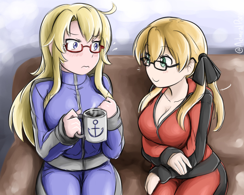 2girls admiral_paru ahoge alternate_costume anchor_symbol bespectacled blue_eyes blush breasts cleavage coffee_mug couch cup frown glasses green_eyes hair_ribbon highres iowa_(kantai_collection) kantai_collection large_breasts mug multiple_girls prinz_eugen_(kantai_collection) red-framed_eyewear ribbon smile steam track_suit twintails twitter_username
