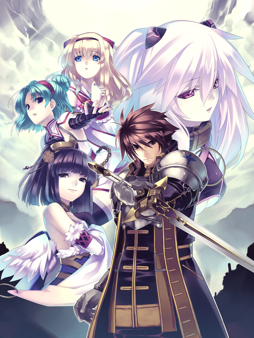 absurdres agarest_senki_(series) agarest_senki_zero aqua_hair armor bangs bare_shoulders black_hair blonde_hair blue_eyes blunt_bangs breasts bridal_gauntlets chain choker cloud double_bun elbow_gloves fantasy fingerless_gloves friedelinde_(agarest_senki_zero) frills fur_trim gloves hair_ornament hairband hands_clasped highres hirano_katsuyuki jewelry light_rays long_hair medium_breasts mimel_(agarest_senki_zero) multiple_girls necklace official_art outstretched_hand own_hands_together pendant ponytail purple_eyes routier_(agarest_senki_zero) sayane_(agarest_senki_zero) short_hair sieghart_(agarest_senki_zero) sky smile spiked_hair standing sunbeam sunlight sword thighhighs trench_coat turtleneck underboob weapon white_hair wings zettai_ryouiki