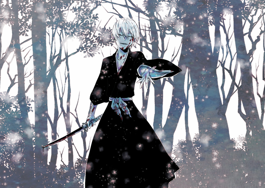 bleach blood eyes_closed ichimaru_gin ita ita_(id-000-id) japanese_clothes male male_focus short_hair solo sword weapon white_hair young younger