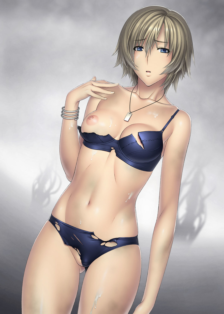 1girl aya_brea blue_eyes bra erect_nipples highres kansuke lingerie mound_of_venus nipples panties parasite_eve_the_3rd_birthday short_hair torn_clothes underwear