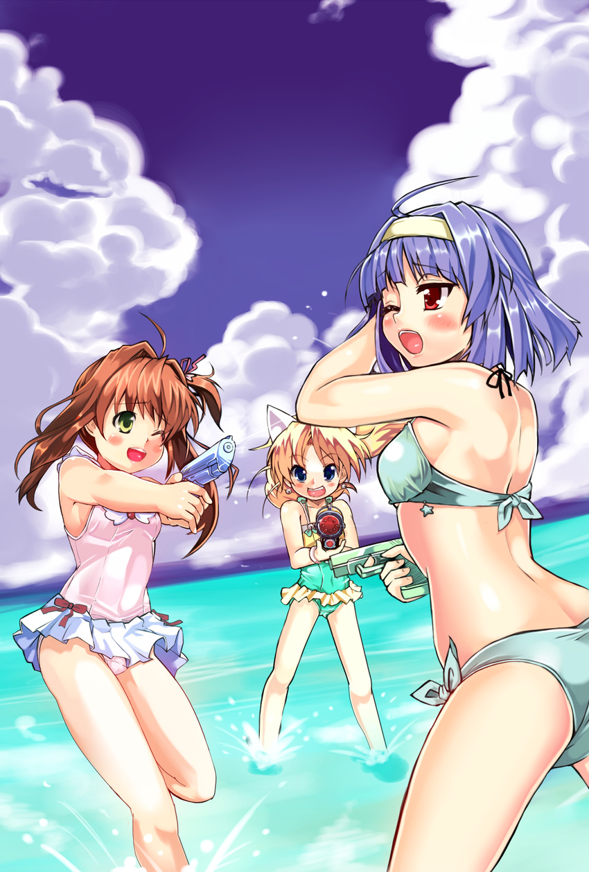 animal_ears blonde_hair blue_eyes brown_hair casual_one-piece_swimsuit cat_ears green_eyes highres jewelpet_(series) jewelpet_twinkle k@non long_hair miria_marigold_mackenzie multiple_girls one-piece_swimsuit one_eye_closed red_eyes sakura_akari sara_(jewelpet_twinkle) short_hair side_ponytail splashing swimsuit twintails water_gun