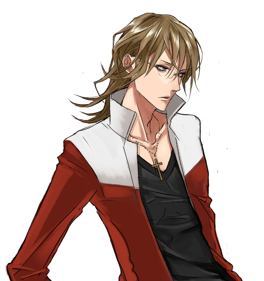 barnaby_brooks_jr blonde_hair blue_eyes cross cross_necklace glasses highres jacket jewelry koutarou_(farthest) long_hair male_focus necklace red_jacket simple_background solo tiger_&amp;_bunny white_background