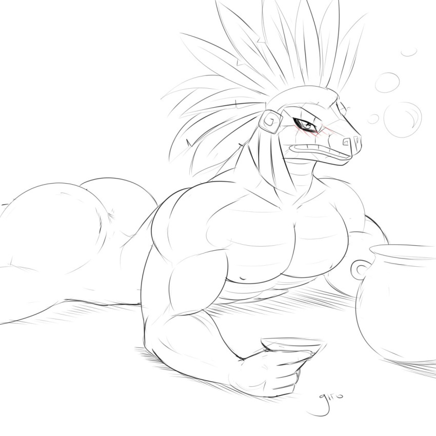 aztec blush butt deity feathered_serpent feathers girokett kukulkan male mask muscular muscular_male quetzalcoatl reptile scalie signature simple_background sketch snake solo white_background