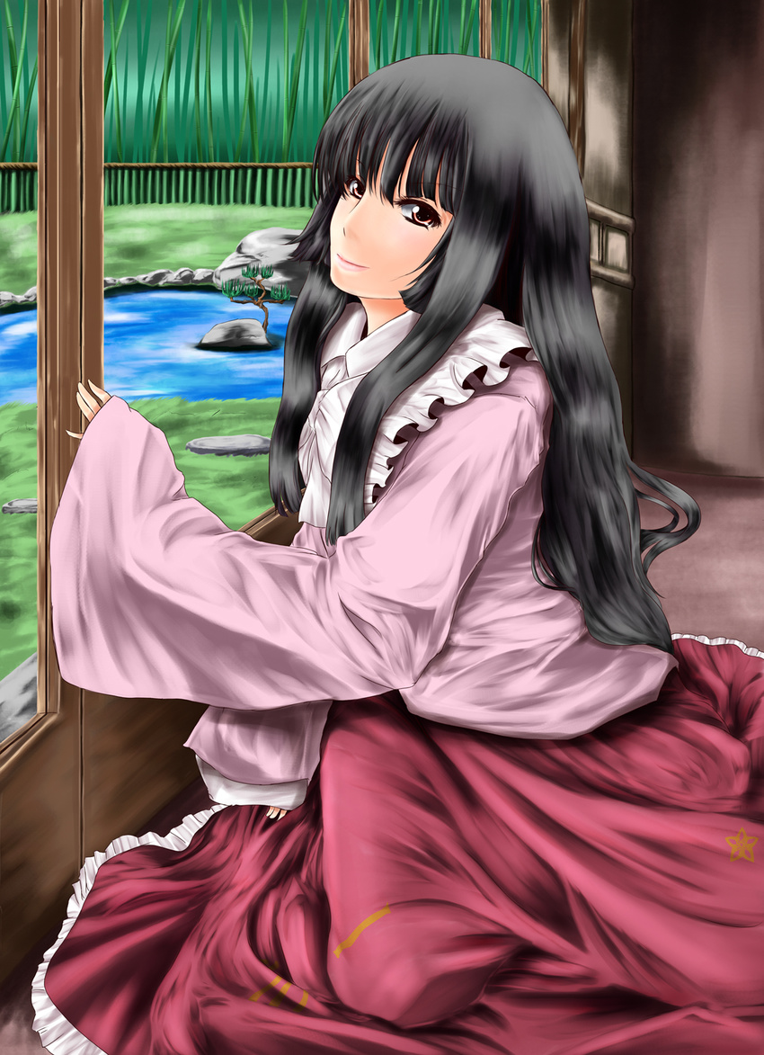 bad_id bad_pixiv_id black_hair brown_eyes highres houraisan_kaguya long_hair r0g0b0 solo touhou