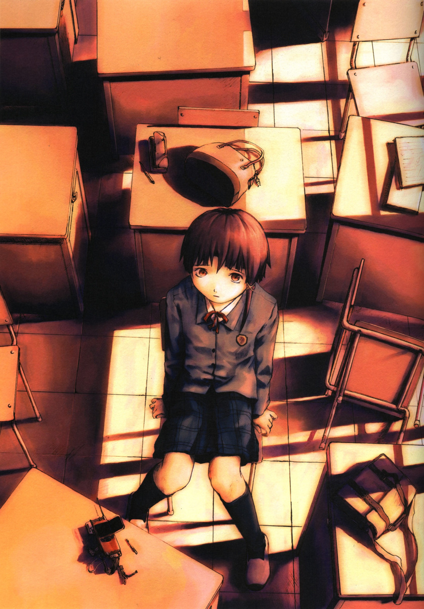 abe_yoshitoshi absurdres artbook bag blazer book brown_eyes brown_hair cable cellphone chair classroom desk dusk from_above full_body highres iwakura_lain jacket looking_up official_art phone plaid plaid_skirt scan school_bag school_uniform serial_experiments_lain short_hair sitting skirt solo