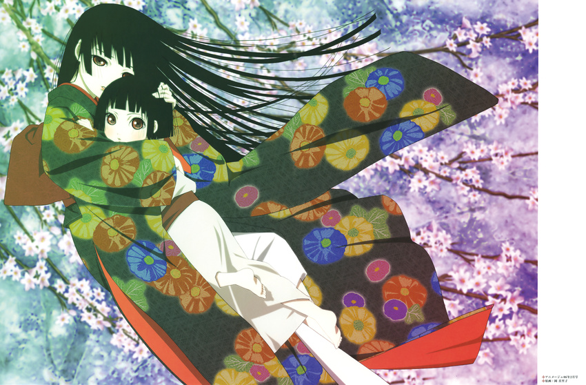 absurdres artbook barefoot black_hair cherry_blossoms dual_persona enma_ai highres hug japanese_clothes jigoku_shoujo multiple_girls oka_mariko red_eyes scan younger