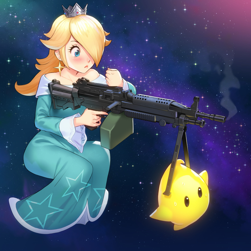 1girl absurdres bare_shoulders blonde_hair blue_dress blue_eyes blush crown dress earrings english_commentary galaxy_background gun hair_over_one_eye highres holding holding_gun holding_weapon jewelry light_machine_gun long_hair long_sleeves luma_(mario) m249 machine_gun mario_(series) mathias_leth rosalina smoke smoking_gun star_(sky) star_(symbol) star_earrings star_print super_mario_galaxy weapon