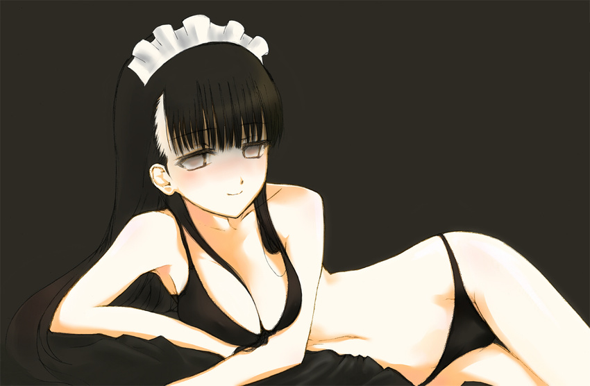 bad_id bad_pixiv_id bikini black_hair breasts cleavage copyright_request empty_eyes kawanakajima large_breasts long_hair maid_headdress simple_background smile solo swimsuit