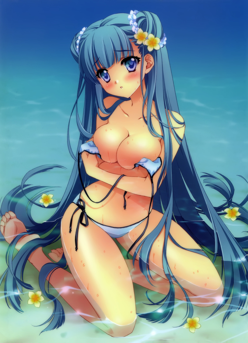 :o absurdres barefoot bikini blue_eyes blue_hair blush breast_hold breasts carnelian cleavage collarbone crossed_arms feet flower hair_flower hair_ornament highres large_breasts legs long_hair navel ocean para-sol partially_submerged plumeria scan side-tie_bikini sitting solo swimsuit thighs untied very_long_hair water wet yatabe_noa yokozuwari