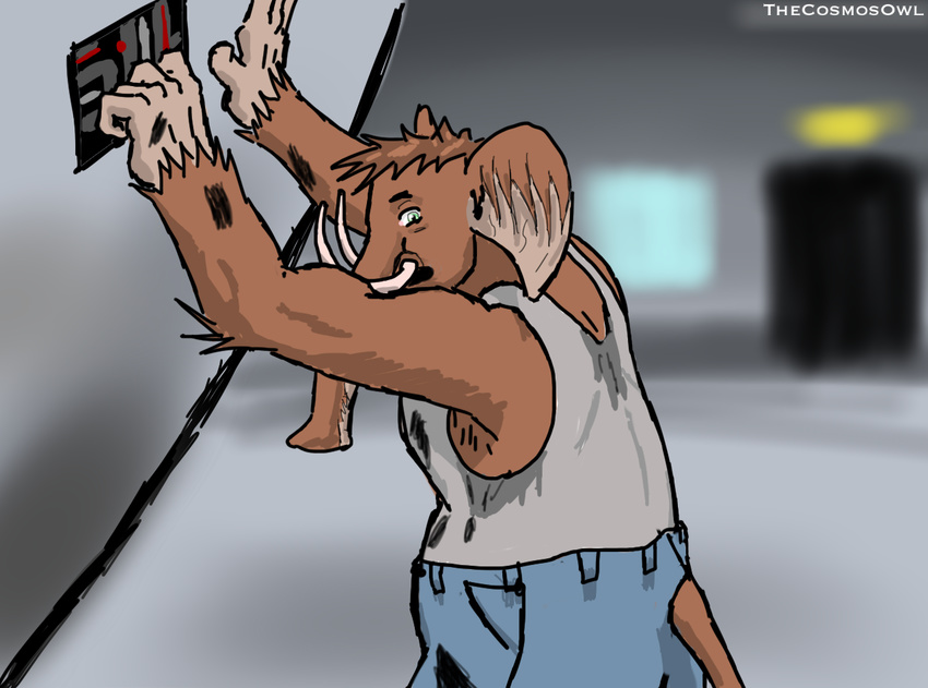 armpits brown_body brown_fur clothing fur green_eyes male mammoth mechanic pants shirt solo standing staul sweat tank_top thecosmosowl tusks undershirt