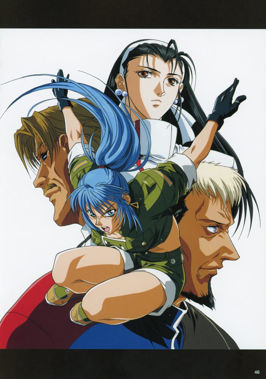 2boys 2girls absurdres black_hair blonde_hair blue_eyes brown_eyes brown_hair earrings goenitz green_hair hair_pulled_back highres jewelry kagura_chizuru leona_heidern long_hair multiple_boys multiple_girls rugal_bernstein shorts simple_background the_king_of_fighters yokota_mamoru