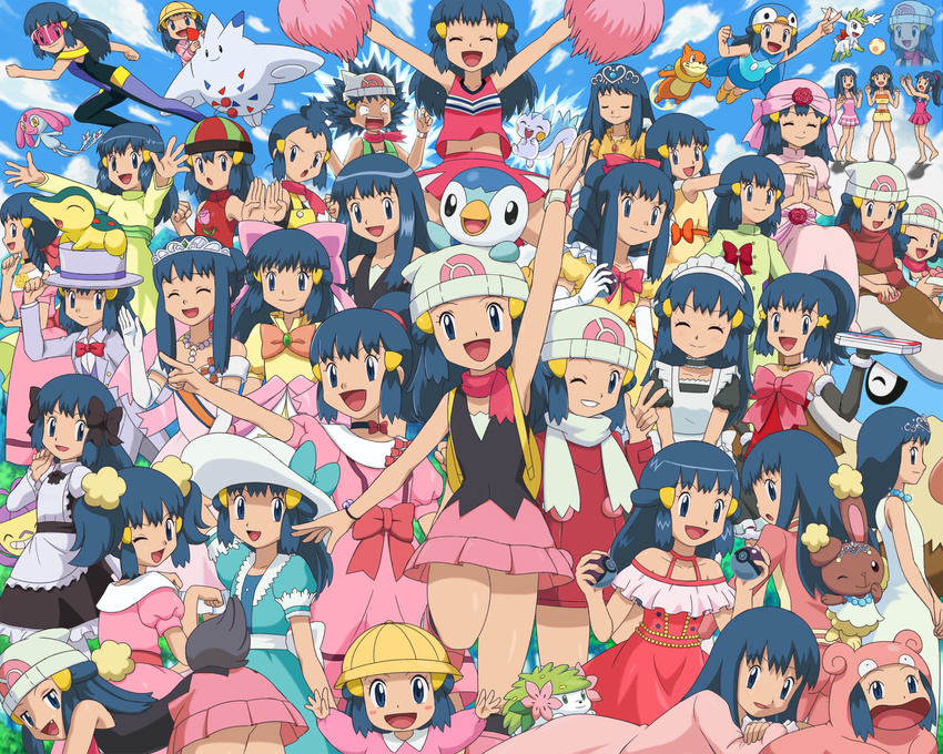 alternate_costume alternate_form alternate_hair_length alternate_hairstyle alternate_headwear ambipom aqua_ribbon armpits bare_shoulders beanie buizel buneary cheerleader china_dress chinese_clothes coat cosplay cyndaquil disguised_zorua dress elbow_gloves fang gen_1_pokemon gen_2_pokemon gen_4_pokemon gen_5_pokemon gloves hair_ornament hat hat_ribbon highres hikari_(pokemon) hikari_(pokemon)_(cosplay) holding holding_poke_ball holding_pom_poms jewelry kindergarten_uniform magician maid maid_headdress mamoswine mesprit multiple_girls multiple_persona necklace no_hat no_headwear one_eye_closed open_mouth pachirisu pajamas pantyhose piplup piplup_(cosplay) poke_ball pokemoa pokemon pokemon_(anime) pokemon_(creature) pokemon_dp_(anime) pokemon_on_head ribbon scarf shaymin slowpoke slowpoke_(cosplay) swimsuit tiara togekiss winter_clothes younger zorua