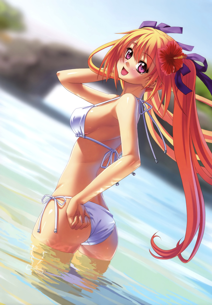 :d absurdres adjusting_clothes adjusting_swimsuit ass back bikini blonde_hair blush blushing breasts flower hair_flower hair_ornament hair_ribbon hand_on_hip highres hips kannatsuki_noboru long_hair looking_back open_mouth pink_eyes reflection ribbon scan shinkyoku_soukai_polyphonica side-tie_bikini side_boob sideboob smile submerged swimsuit twin_tails twintails wading water yugiri_perserte