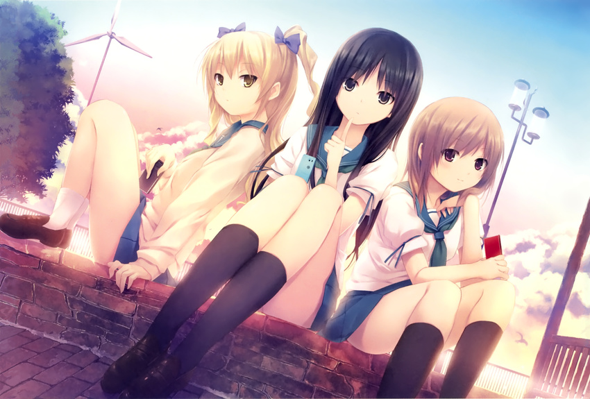 3girls black_eyes black_hair black_legwear blonde_hair bow brown_hair cardigan cellphone coffee-kizoku cure_girl dutch_angle finger_to_mouth footwear hair_bow highres hoshimiya_miyu kneehighs kunimura_kotone long_hair looking_at_viewer multiple_girls nanjou_rena necktie phone purple_eyes shiramine_rika shoes sitting skirt socks twintails wind_turbine windmill yellow_eyes