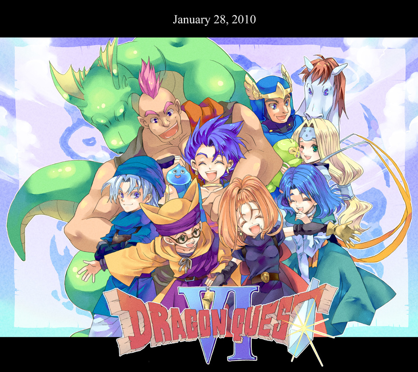 5boys ^_^ amos barbara blonde_hair blue_eyes blue_hair brown_hair chamoro closed_eyes copyright_name creature dragon_quest dragon_quest_vi drango everyone falchion_(dq6) glasses green_eyes happy hassan_(dq6) hat helmet hero_(dq6) horse long_hair low-tied_long_hair mireyu multiple_boys multiple_girls pink_hair slime_(dragon_quest) smile tania terry urita white_hair