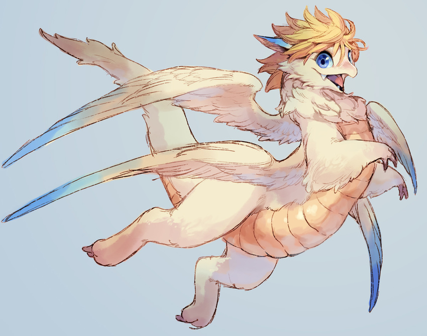 blue_eyes cute digitigrade dragon female feral flammie hair looking_at_viewer open_mouth ovopack plain_background secret_of_mana simple_background solo wings