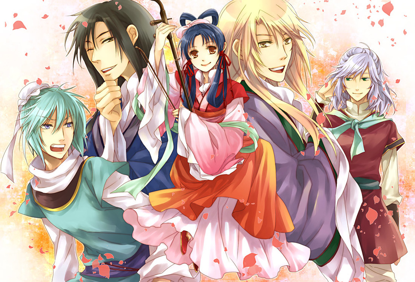 4boys black_hair blonde_hair changpao chinese_clothes green_eyes green_hair hanfu instrument kou_shuurei li_kouyuu long_hair multiple_boys naka_53 one_eye_closed petals purple_eyes saiunkoku_monogatari shi_ryuuki shi_seiran shuuei_ran silver_hair smile yellow_eyes