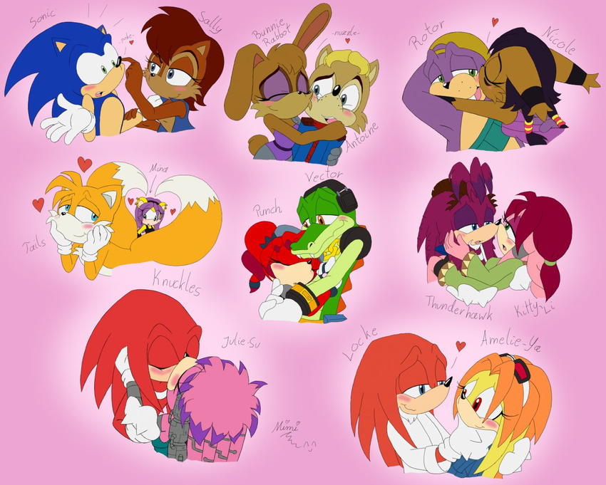 antoine_d'coolette antoine_d'coolette blush bunnie_rabbot canine couple cute female fox hedgehog kissing knuckles_the_echidna male mammal miles_prower multiple_tails rotor_the_walrus sally_acorn sega sonic_(series) sonic_the_hedgehog unknown_artist vector_the_crocodile