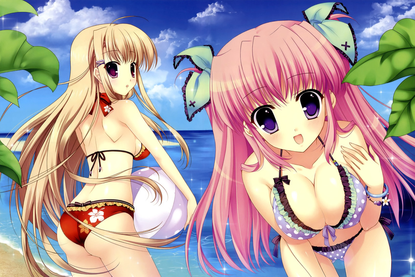 2girls beach bikini blonde_hair cleavage indico_lite long_hair mitha nanagane_educational_institution pink_hair sakuranomiya_arisa shirasagi_otoha swimsuit