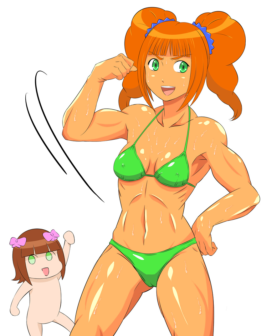 absurdres bikini bow bows brown_hair flex flexing green_eyes highres idolmaster muscle muscular_female navel nonowa open_mouth orange_hair pose sweat swimsuit takatsuki_yayoi tan twintails