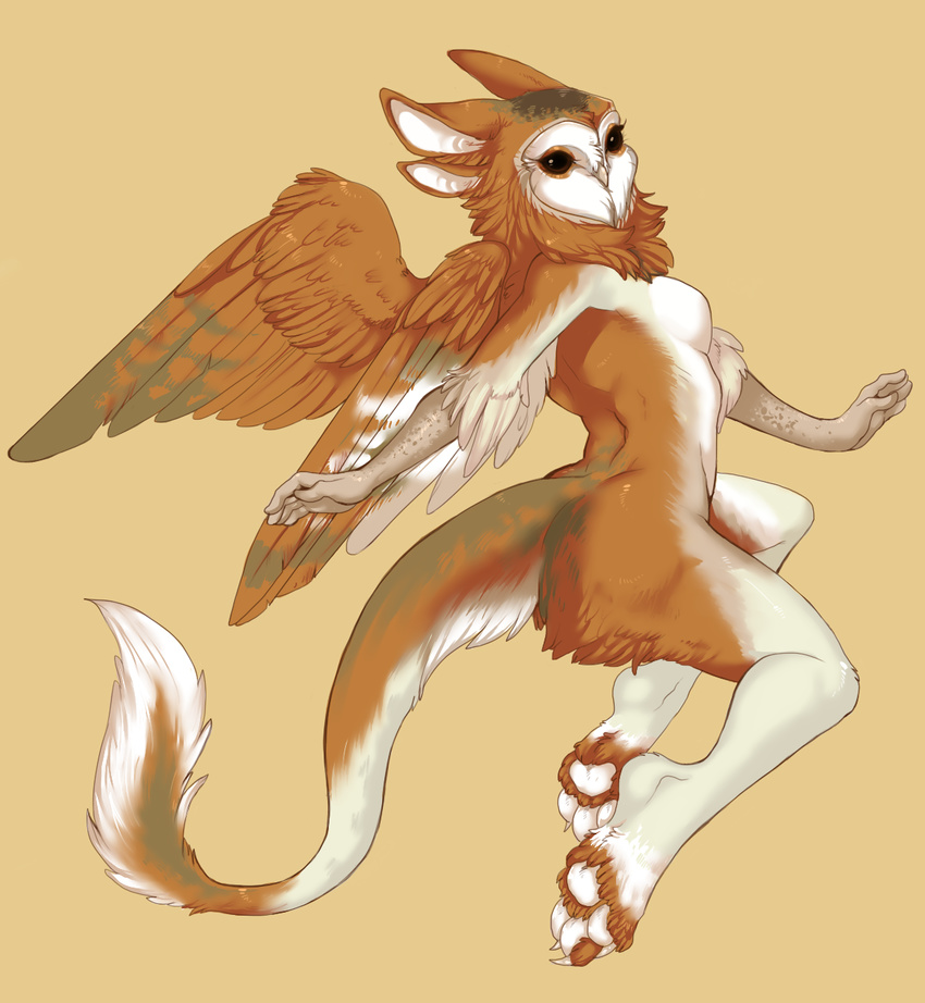 anthro avian barn_owl beak breasts brown_eyes brown_feathers digitigrade female gryphon hindpaw looking_at_viewer multiple_ears nude owl pawpads paws pinup plain_background pose side_boob simple_background solo uni white_feathers wings
