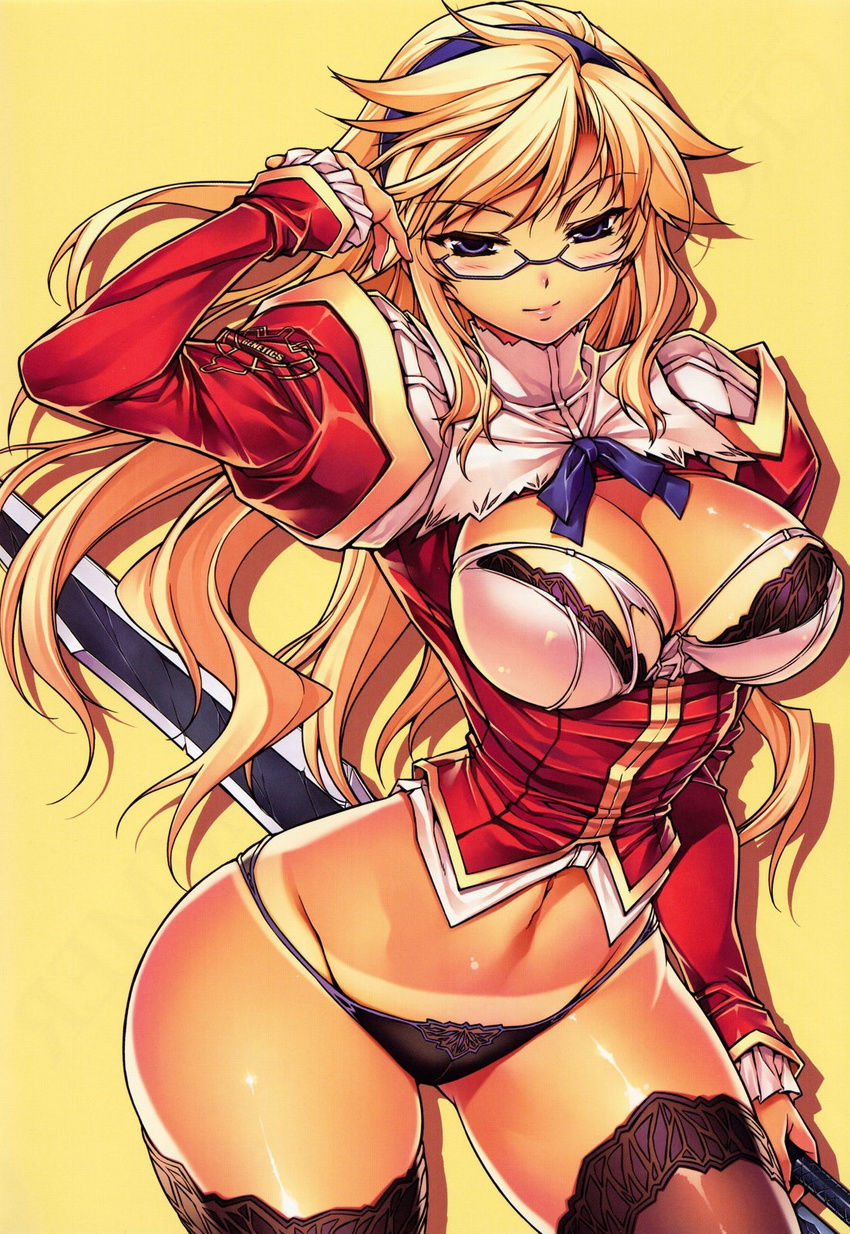 arched_back black_bra black_legwear black_panties blonde_hair blue_eyes blush bra breasts cleavage cleavage_cutout cross_make freezing glasses hairband highres hips large_breasts lingerie long_hair navel no_pants panties satellizer_el_bridget shirt solo soo-hyon_lee sword tan tanline thighhighs torn_clothes torn_shirt underwear weapon