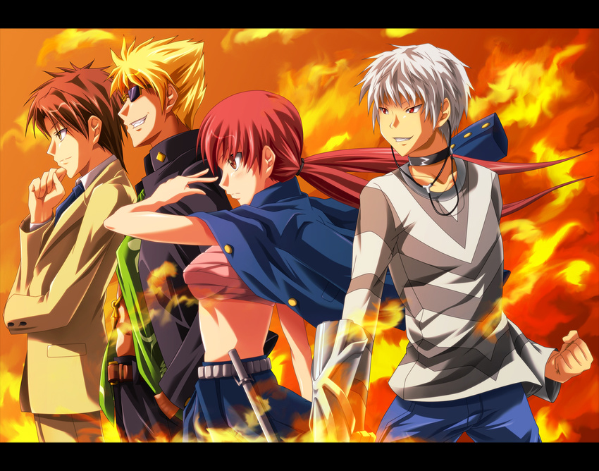 3boys accelerator blonde_hair brown_eyes brown_hair clenched_hand fire formal group_picture group_profile jouban_minato letterboxed lineup multiple_boys musujime_awaki necktie profile red_eyes red_hair sarashi school_uniform suit sunglasses to_aru_majutsu_no_index tsuchimikado_motoharu twintails unabara_mitsuki white_hair