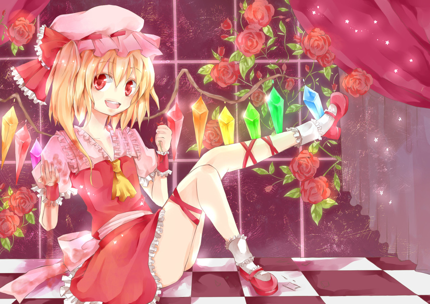 bad_id bad_pixiv_id blonde_hair crystal curtains flandre_scarlet flower frills hat hat_ribbon highres holding leaf leg_up mary_janes no_nose open_mouth red red_eyes ribbon rose shishina shoes short_hair short_sleeves side_ponytail sitting skirt socks solo touhou wings wrist_cuffs