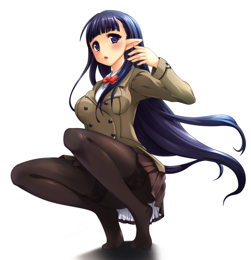 bad_id bad_pixiv_id blue_eyes blue_hair de_so feet highres legs long_hair original pantyhose pointy_ears school_uniform skirt solo squatting thighband_pantyhose