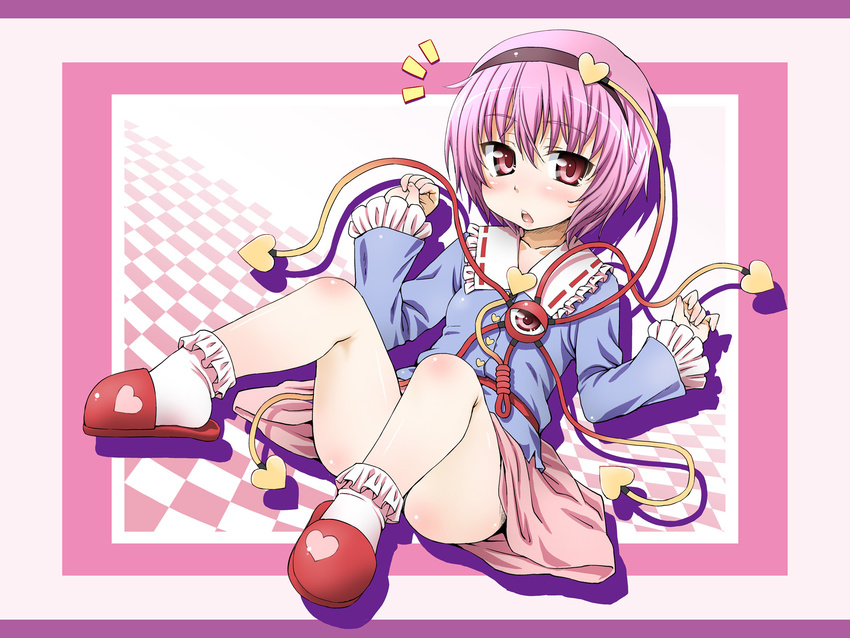 aru_ra_une bare_legs blush bobby_socks checkered checkered_background eyeball frame hairband heart highres komeiji_satori open_mouth pink_eyes pink_hair red_eyes shirt short_hair sitting skirt socks solo third_eye touhou upskirt