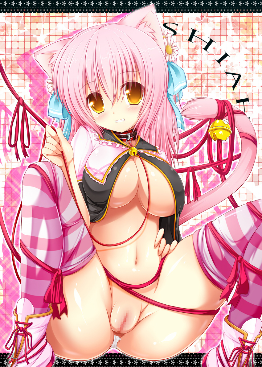 animal_ears blush breasts cat_ears cat_tail censored collar fat_mons hair_ornament highres large_breasts long_hair navel no_panties original partially_visible_vulva pink pink_hair pussy shia_flatpaddy smile solo striped striped_legwear syroh tail thighhighs yellow_eyes