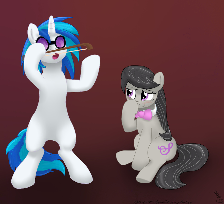 black_hair blue_hair blush bow_(stringed_instrument) bow_tie couple cutie_mark duo earth_pony equine eyewear female feral friendship_is_magic glasses gradient_background gray_body grey_body hair horn horse long_hair mammal musical_cutie_mark my_little_pony octavia octavia_(mlp) pince-nez pink_eyes pony purple_eyes short_hair smile sonicrainboom93 striped_hair sunglasses two_tone_hair tyruas unicorn vinyl_scratch vinyl_scratch_(mlp) white_body