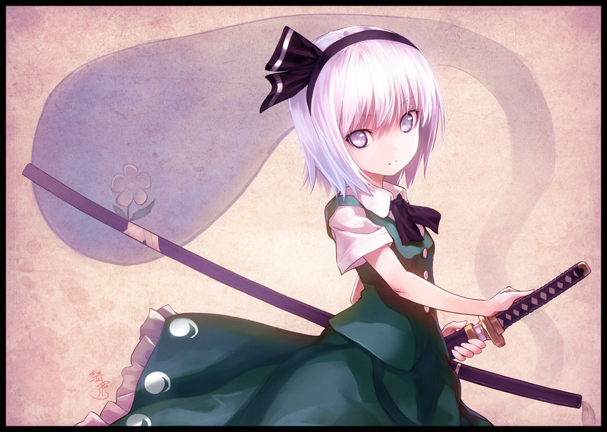 bad_id bad_pixiv_id bow dress flower hair_bow highres kiran konpaku_youmu konpaku_youmu_(ghost) looking_at_viewer short_hair solo sword touhou weapon