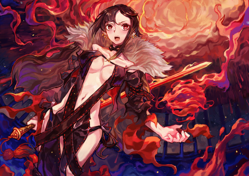 :d absurdres bangs blush brown_hair center_opening choker consort_yu_(fate) eyebrows_visible_through_hair fate/grand_order fate_(series) fire highres holding holding_sword holding_weapon hong_da long_hair looking_at_viewer open_mouth red_eyes sidelocks smile solo standing sword weapon