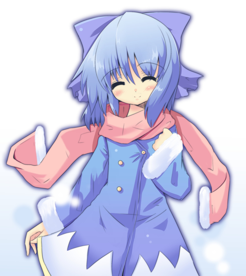 blue_hair cirno hair_ribbon highres ribbon scarf smile snow_(gi66gotyo) solo touhou