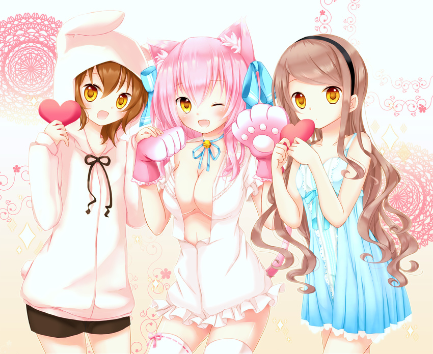 2girls :o ;d akane_(goma) akira_(goma) animal_ears animal_hood bad_id bad_pixiv_id bell blush borrowed_character breasts brown_hair bunny_hood cat_ears cat_paws center_opening choker cleavage crossover dress fang goma_(11zihisin) hair_ribbon hairband heart highres hood hoodie jingle_bell large_breasts long_hair multiple_girls one_eye_closed open_mouth original otoko_no_ko paws pink_hair ribbon ribbon-trimmed_legwear ribbon_choker ribbon_trim shia_flatpaddy short_hair shorts smile thighhighs wavy_hair white_legwear yellow_eyes