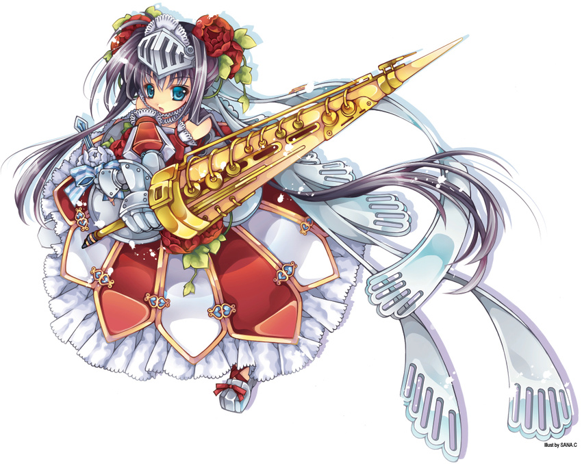 armor armored_dress bad_id bad_pixiv_id black_hair blue_eyes dress flower frills full_body gathers gauntlets gloves hair_flower hair_ornament helmet instrument knight lace long_hair original red_flower red_rose ribbon rose sana.c shoes simple_background solo sword twintails visor_(armor) weapon weaponized_instrument white_background
