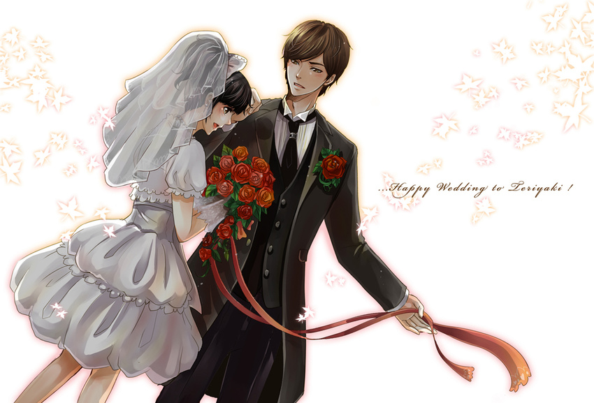 1girl bouquet boutonniere bridal_veil bride couple dress flower formal hetero kamen_rider kamen_rider_w narumi_akiko suit terui_ryuu tomoko.a veil wedding wedding_dress