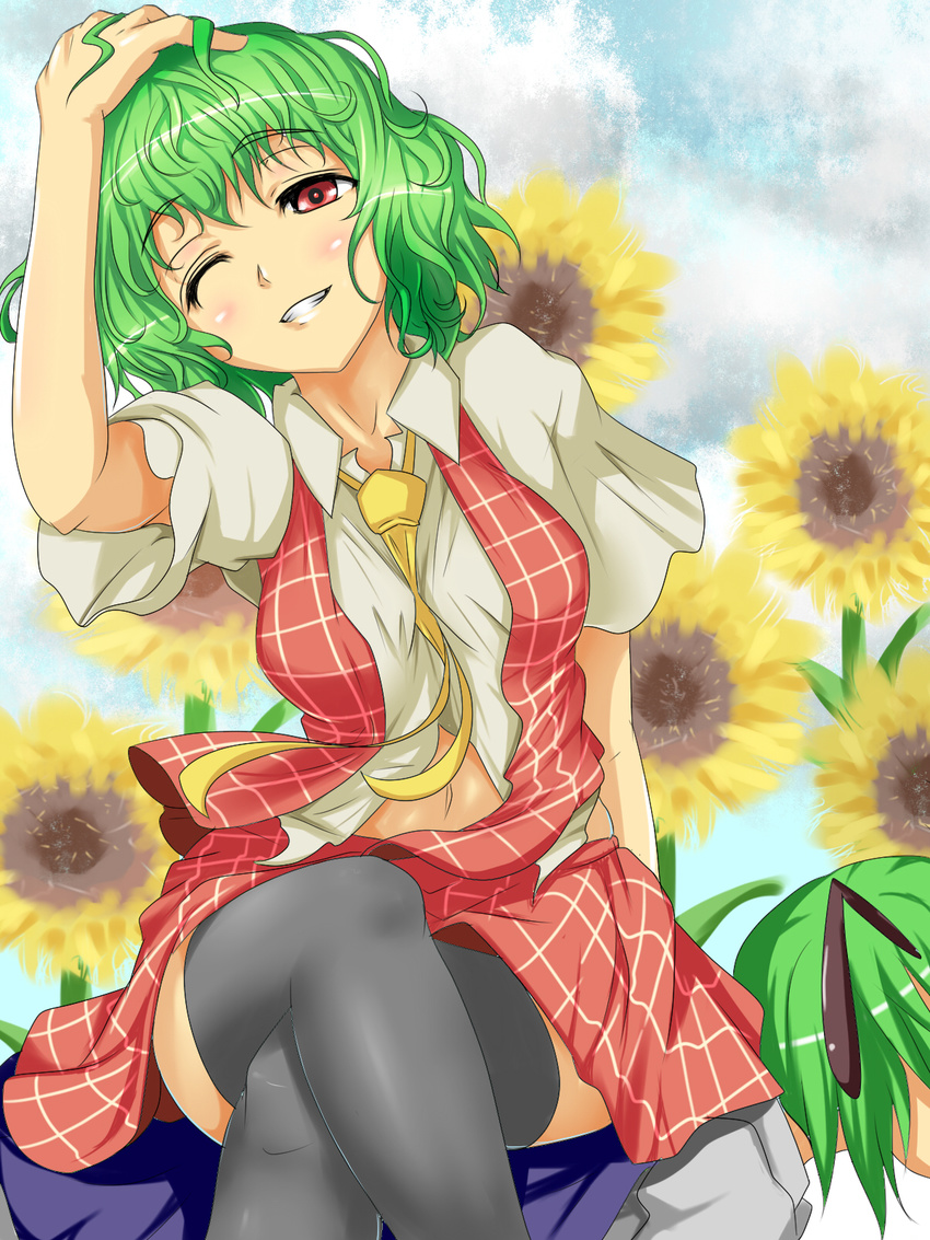 all_fours antennae black_legwear blouse blush crossed_legs flower fukunaga_kazuhiro green_hair grin hand_in_hair highres human_chair human_furniture kazami_yuuka midriff multiple_girls navel necktie one_eye_closed plaid plaid_skirt plaid_vest red_eyes short_hair short_sleeves sitting sitting_on_person skindentation skirt skirt_set smile sunflower thighhighs touhou untucked vest wriggle_nightbug yellow_neckwear