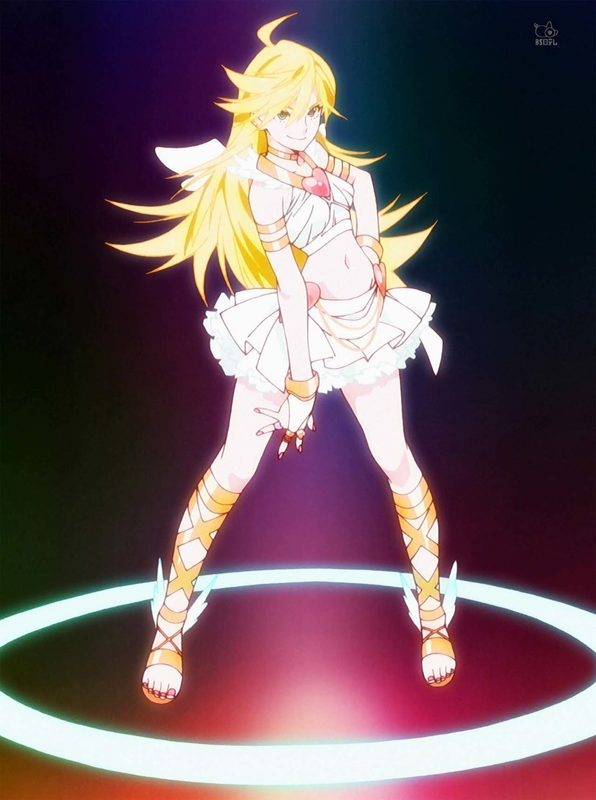 ahoge ankle_lace-up armlet blonde_hair blue_eyes bracelet cross-laced_footwear earrings hand_on_hip heart highres jewelry long_hair midriff necklace panty_&amp;_stocking_with_garterbelt panty_(psg) sandals screencap shoes skirt smile smirk solo stitched third-party_edit winged_shoes wings