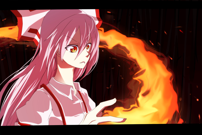 anime_coloring annoyed bad_id bad_pixiv_id bamboo black_background fire fujiwara_no_mokou katakura_nayuuki letterboxed long_hair looking_down orange_eyes touhou