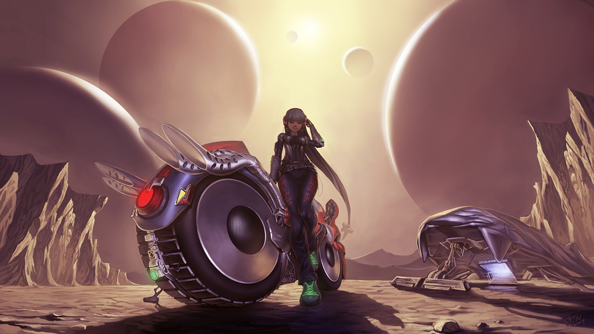 bad_deviantart_id bad_id bodysuit closed_eyes foreshortening groin ground_vehicle headphones highres long_hair motor_vehicle motorcycle original perspective planet saejin_oh science_fiction silver_hair solo space_craft very_long_hair wallpaper