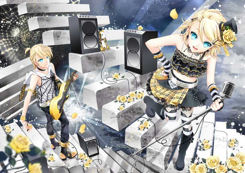 1girl aqua_eyes blonde_hair boots bracelet brother_and_sister cocoon_(loveririn) collar flower guitar hair_flower hair_ornament hairclip hat instrument jewelry kagamine_len kagamine_rin microphone microphone_stand mini_hat mini_top_hat navel necklace petals rose short_hair siblings skirt smile speaker stairs striped striped_legwear stuffed_animal stuffed_toy teddy_bear thighhighs top_hat twins vintage_microphone vocaloid yellow_flower yellow_rose