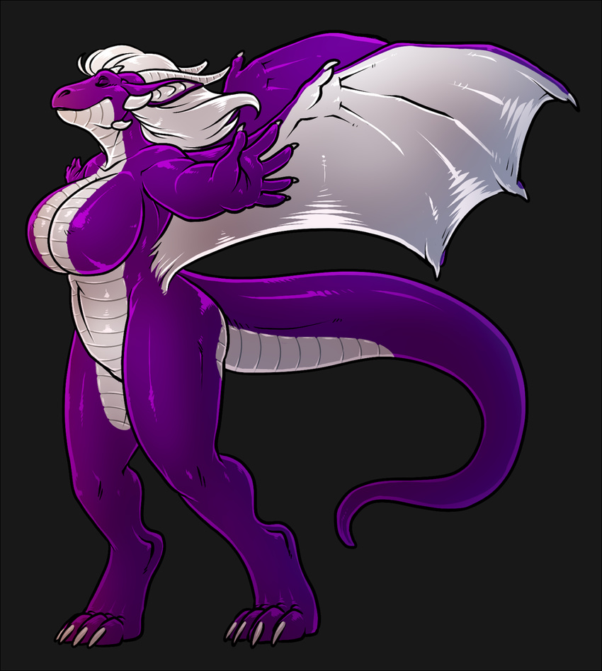 actually_shemale apparently_female chubby claws digitigrade dragon eyes_closed female hair horn majora neodokuro neozcommish pointy_ears purple purple_scales purple_skin scales scalie solo tail voloptuous white_hair wide_hips wings