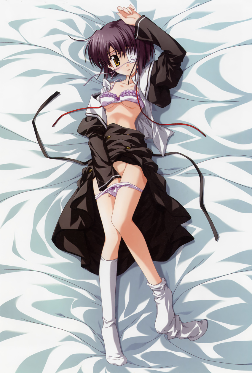 absurdres bed_sheet bra breasts dakimakura ef eyepatch full_body groin hand_in_panties highres lingerie lying masturbation medium_breasts nanao_naru non-web_source on_back open_clothes open_shirt panties purple_hair school_uniform shindou_chihiro shirt short_hair socks solo underboob underwear undressing yellow_eyes